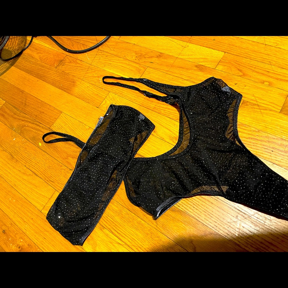 Two piece gently worn black sheer see thru